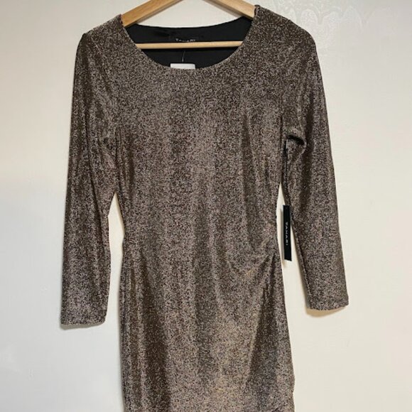 Tahari Metallic Bronze Long-sleeve Women's Ruched Mini Dress Size S NWT - Picture 3 of 12